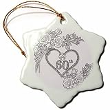 3dRose 60th Diamond Wedding Anniversary Word Art with Heart on Linen White Snowflake Ornament, 3'