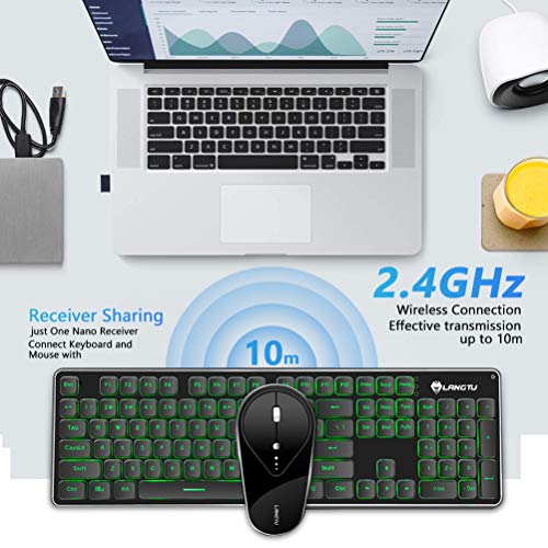 UrChoiceLtd Combo Wireless Ricaricabile Tastiera e Mouse Combo Resistenza all'acqua 2.4 GHz Verde / Blu Backlit e Wireless Soundless Mouse con Nano USB Receiver per PC Laptop Mac (Nero)