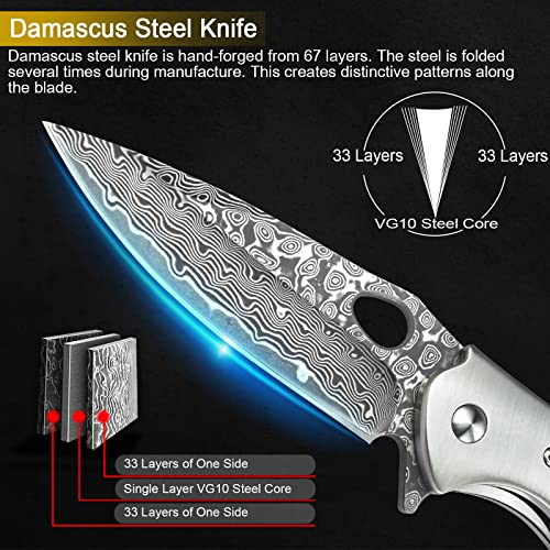 Komwero Damascus Pocket Knife For Men, Vg10 Core Damascus Steel Folding Knife With Sheath, Wood Handle, Liner Lock, Ball Bearing, Thumb Hole, For Edc Outdoor Survival Hunting #TOP2