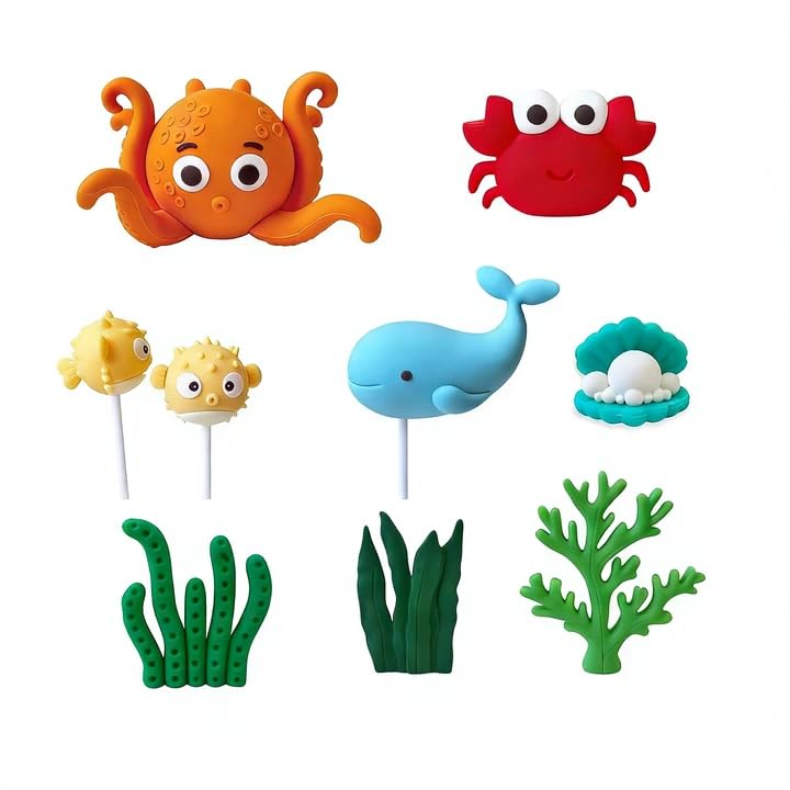 Under the Sea Cake Decorations 3D Ocean Theme Cake Decoration Sea Animals Cake Toppers with Octopus Whale Crab Pufferfish Under the Sea Theme for Boys Girls Baby Shower Party Supplies