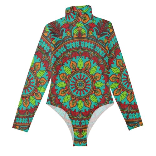 Body de manga larga para mujer GuoChe con estampado de mandala colorido y cuello alto