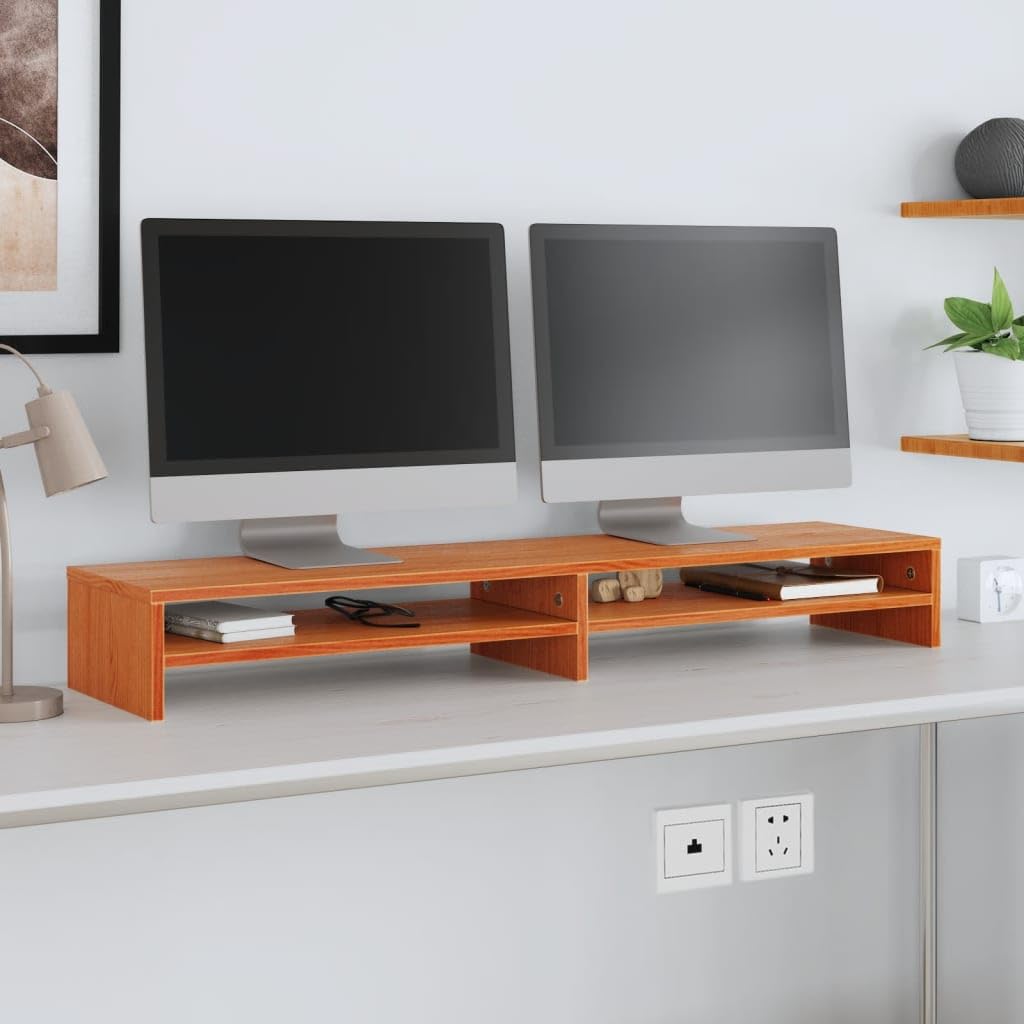 Supporto per monitor, 100 x 24 x 13 cm, ergonomico, in legno di pino massiccio, con ripiani, organizer da scrivania per schermo di PC e laptop, marrone cerato
