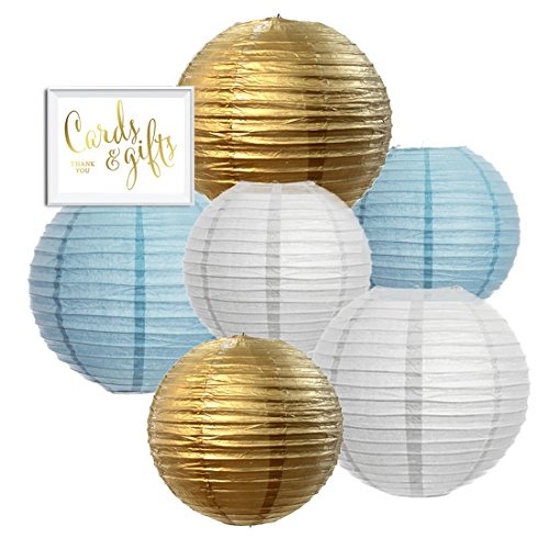 Image of Gold, Baby Blue, White Hanging Paper Lanterns Decorative Kit