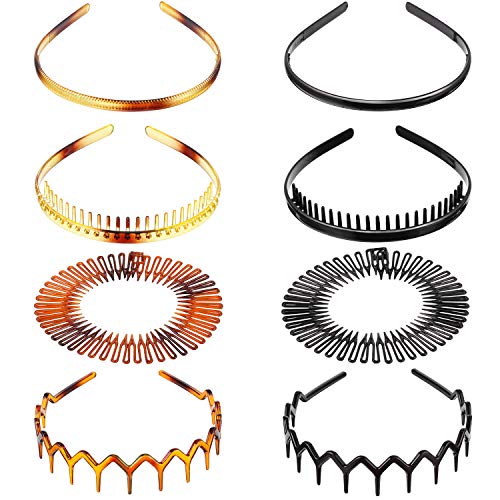 8 Pieces Hair Comb Headband Set, Circle Spring Stretch Headband Plastic Plain Headband Teeth Comb Headband Non-slip Headwear Hairband for Women Men, Black and Brown
