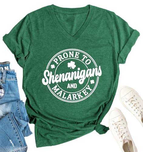 St. Patrick's Day Shirt for Women - Prone to Shenanigans and Malarkey V-Neck Tee with Clover Design, Funny Holiday Top