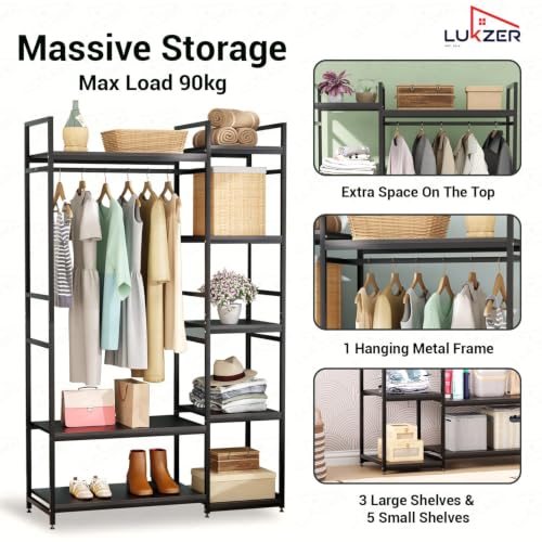 Image of Lukzer Heavy Duty Garment Rack with 8 Shelves & Hanging Rod | Free-Standing Modern Clothes Stand Metal & Engineered Wood Shoe Rack with Adjustable Foot Pads for Living Room - MMR-004 /Black & Black