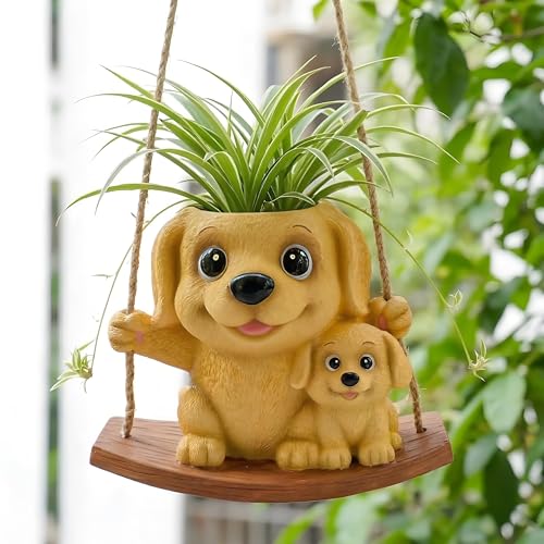 Pinkoriart Swing Dog Hanging Planters for Indoor Plants Cute Small Succulent Pots with Drainage Hole Unique Resin Plant Hangers Outdoor Hanging Plant Holder for String of Pearls