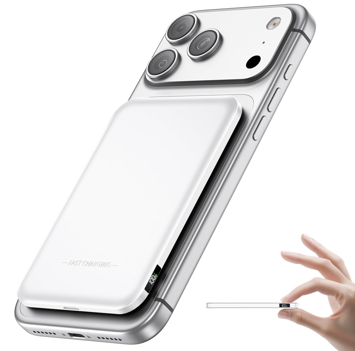 Aobbow for MagSafe Power Bank 5000mAh, Ultra Slim Wireless Portable Charger | 0.4" Ultra Slim, 50% Smaller Powerbank, LED Display, Fast Charging, Travel Essential Battery Pack for iPhone 17–12, White