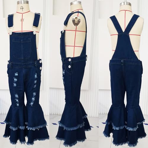 Baby Girls Suspender Ripped Jeans Toddler Strap Denim Flare Pants Overalls Two Layers Ruffle Leggings2