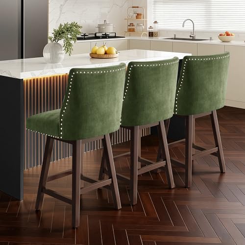 LVHOMLAX Counter Height Swivel Bar Stools,Bar Stools Set of 3,26 Inch Modern Counter Height Barstools,Kitchen Backs Soft Fabric Upholstered Rivets Bar Chairs,Solid Wood Legs,Forest Olive Green Linen