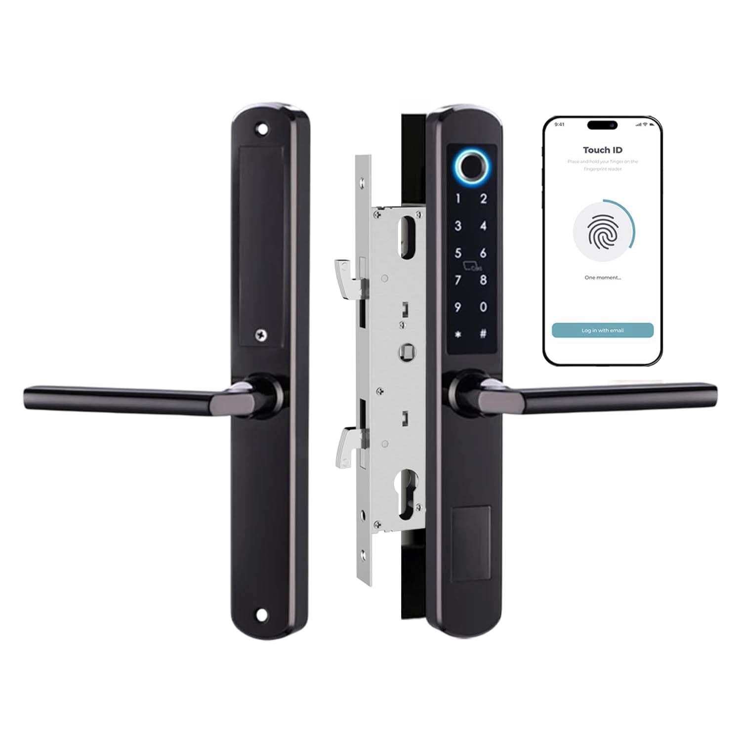 Cerradura de puerta corredera Wi-Fi: huella dactilar, control de aplicación Tuya, entrada sin llave, bloqueo automático, teclado/tarjeta IC, color negro