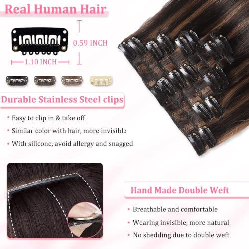 Image of Clip in Hair Extensions Real Human Hair Dark Brown Highlights for Women