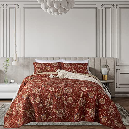 Qucover Quilted Bedspread King Size Soft Warm Cotton Reversible Wine Red and Beige Floral Printing Quilt Coverlet Set, All Seasons Bedspread Quilted with Pillowcase, 240x260 cm - Cosy Home Interiors Qucover Quilted Bedspread King Size Soft Warm Cotton Reversible Wine Red and Beige Floral Printing Quilt Coverlet Set, All Seasons Bedspread Quilted with Pillowcase, 240x260 cm - Image 6