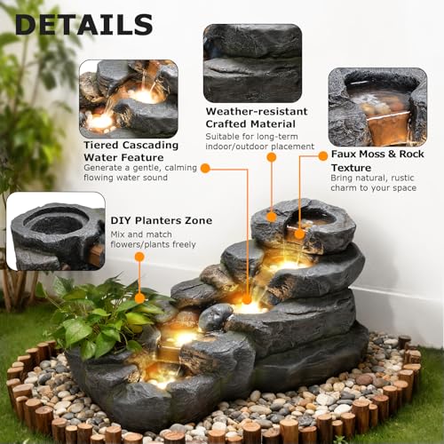Image of 38.2 inch L Garden Water Fountain Outdoor Waterfall with LED Light | 5 Tiered Rock River Fountains Natural Water Feature Floor Standing Fountains Outside for Patio, Yard, Landscape (Gray)