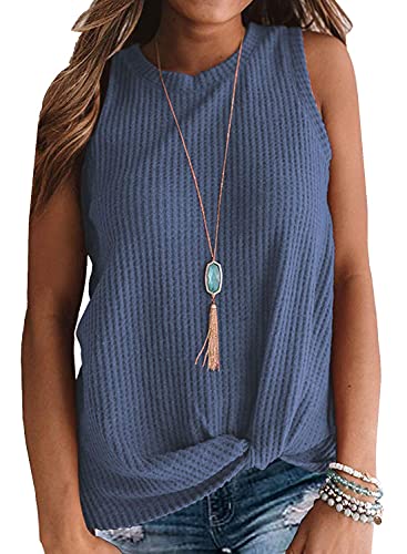 MIHOLL Womens Casual Tops Sleeveless Cute Twist Knot Waffle Knit Shirts Tank Tops (Small, Blue)