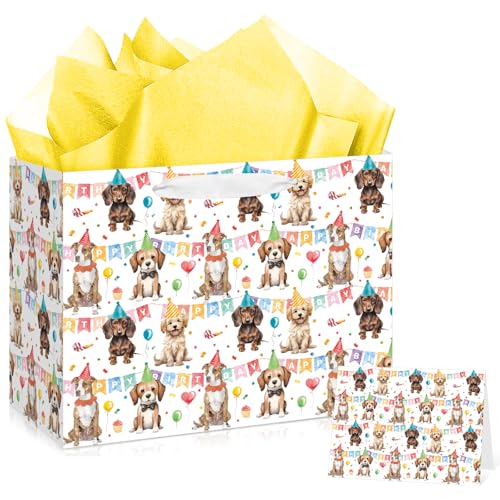 Innovoscape Dog Birthday Gift Bag Cute Dog Gift Bag with Tissue Paper and Card Pet Party Birthday Wrapping Bags for Men Women Boys Kids Dachshund Pet Lovers Cute Puppy Bday Party Decorations Supplies