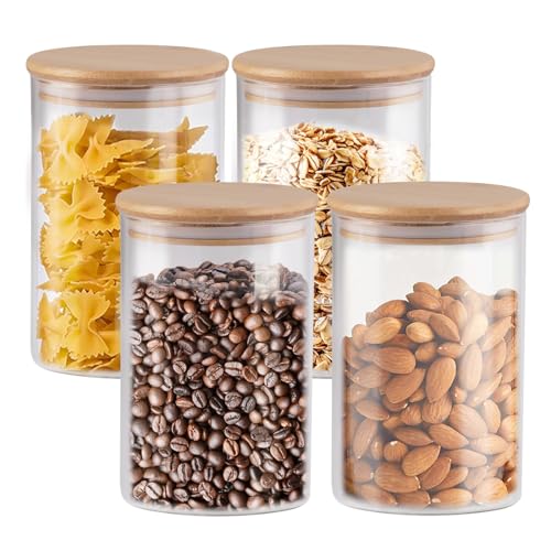 CDBOVID Set of 4 Airtight Glass Jars with Bamboo Lids - 37oz Decorative and Durable Borosilicate Glass Canisters Perfect for Storing Coffee Beans,Tea,Flour,Sugar,Nuts,Candy,Bath Salts and More