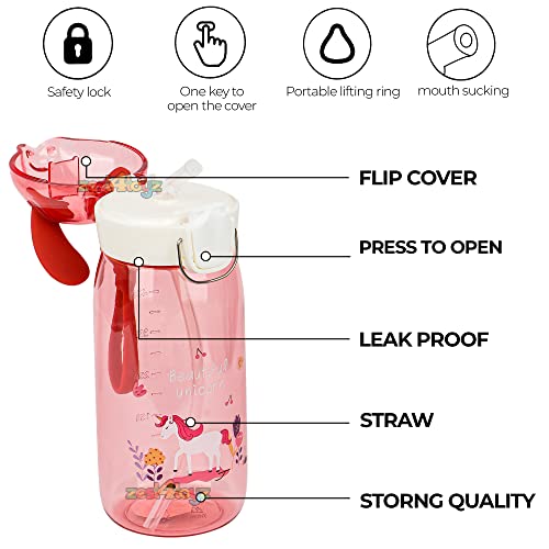 Image of Zest 4 Toyz Bunny Ear Water Bottle for Kids Leak-Proof Sipper Bottle with Flip Straw BPA-Free Portable School Bottle with Strap for Boys & Girls- Pink (550ML)