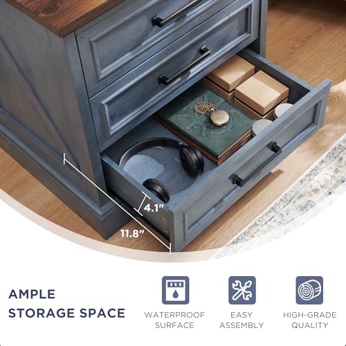 Image of ACCOHOHO Farmhouse Nightstands Set of 2, 22 Inch Wide End Table with Charging Station & 3 Large Drawers, Rustic Wood Small Dresser Chest of Drawers for Bedroom, Living Room, Blue