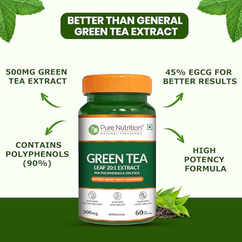 Image of Pure Nutrition Green Tea for Weight Loss | Green Tea Leaf Extract 500mg | 90% Polyphenols & 45% EGCG | Fat Cutter Supplements | Antioxidant Support | Energy & Metabolism Support | Skin & Heart Health Support - 60 Veg Capsules
