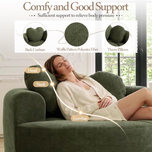 Image of Trustyue Boneless Couch,Comfy Fluffy Sofa Bed,Upholstered Sleeper Sofa with Cup Holder and Throw Pillows,Corduroy Plush Cloud Lounge Chair (Green, Waffle Polyester)