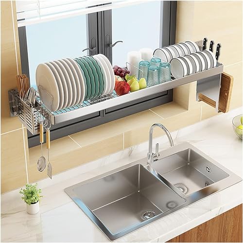 Escurridor de platos de gran capacidad, fregadero con soporte para utensilios, estante escurridor de platos que ahorra espacio para encimera de cocina, solución eficiente de almacenamiento de platos