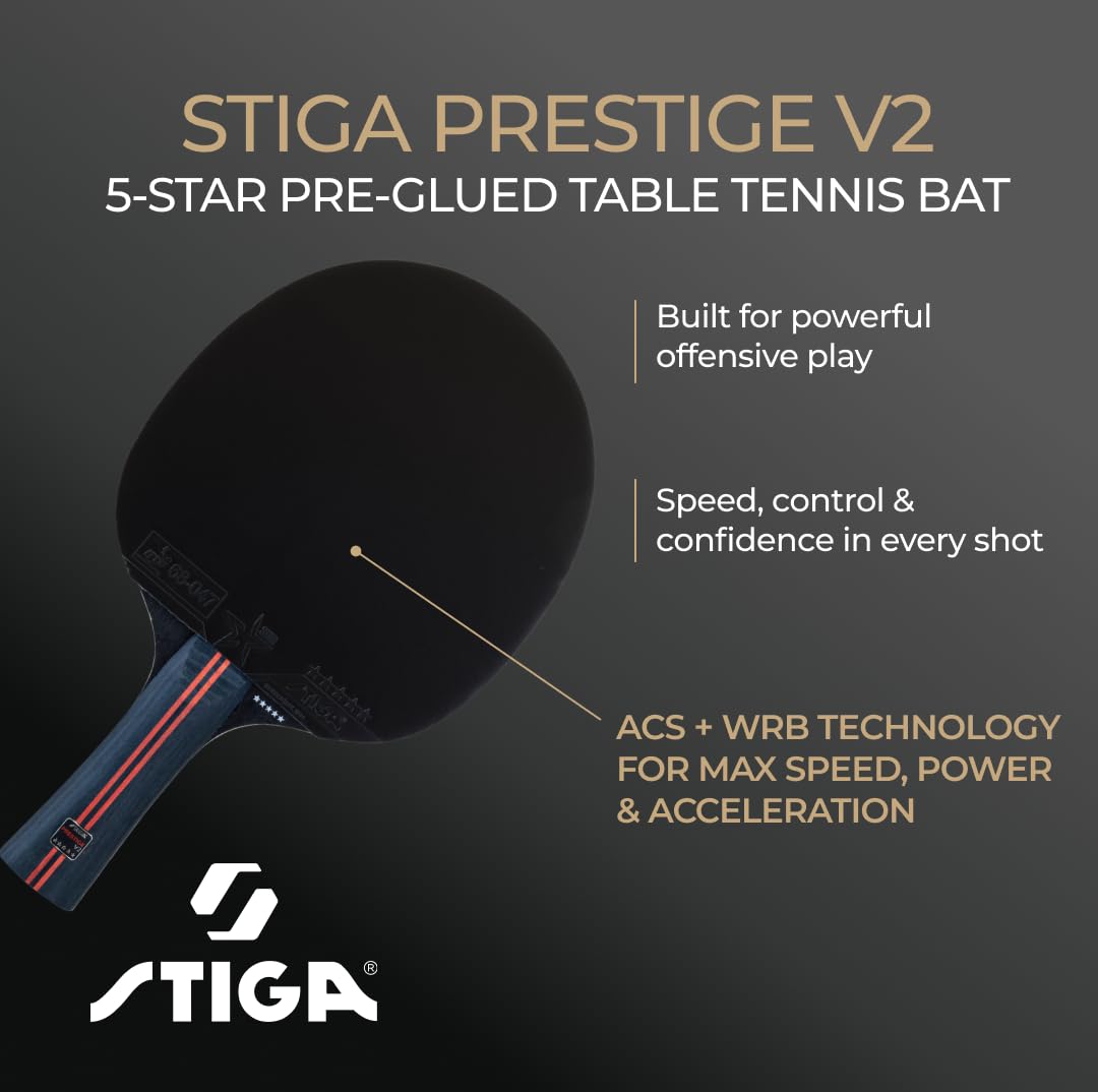 STIGA Rakieta do tenisa stołowego Prestige V2 – 5-gwiazdkowa profesjonalna rakietka do prędkości i mocy, powłoka Star 5, dopuszczona do użytku przez ITTF, gąbka 2,0 mm, technologia ACS i WRB, 5