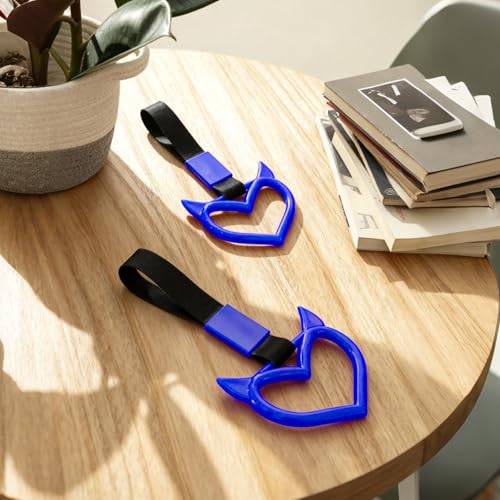 Image of 2 Pcs Devil Heart Shaped Car Handle Strap - JD M Drift Charm Rear Bumper Warning Ring Decor for Car Interior Exterior, Subway Bus Handle Accessory, Cute Heart Car Decor Gift (Blue)