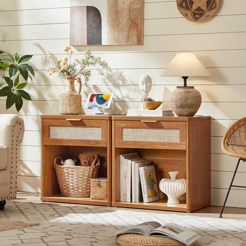 Image of LEYAOYAO Rattan Nightstand with Charging Station, Tea Brown Night Stand with Drawer, 23 inch Wide Boho Bedside Table with Storage Shelf, Bed Side End Tables for Bedroom, Living Room, Hallway