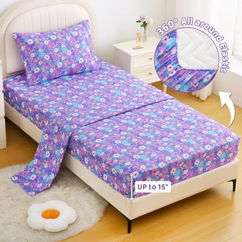 Image of Viviland 3 Pieces Girls Floral Twin Sheet Set - Soft Microfiber Fitted Flat Sheets & Pillowcase Bed Sheet Set - Purple Flowers Bedding Sets for Kids