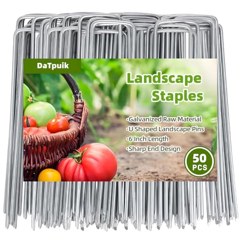datpuik 50 pack sturdy garden landscape staples, 6 inch galvanized steel sod pins anti rust stakes for weed barrier, christmas decorations and landscaping fabric.