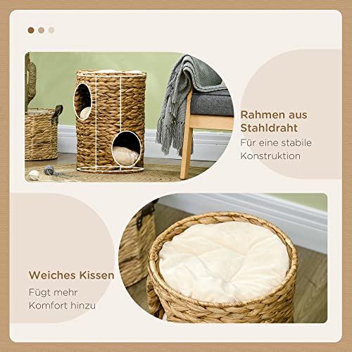 PawHut Kratztonne, Höhe 47 cm, Kratzturm mit 2 Ebenen, Katzenturm mit Kissen, Katzentonne mit 2 Höhlen, Spieltonne aus Wasserhyazinthe, Stahl, Hellbraun – Bild 7