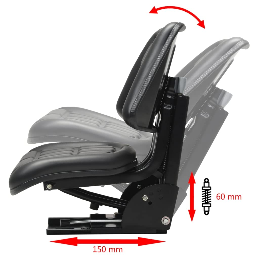 Sedile trattore con sospensione nera, telaio in acciaio PVC imbottito 48 x 50 x 59 cm, seduta da 50 a 130 kg, regolabile 150 mm, per terreni accidentati