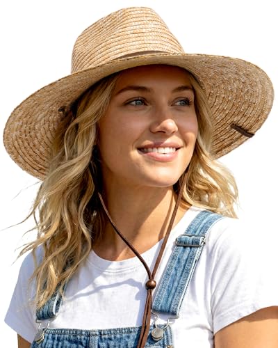 FURTALK Wheat Straw Sun Hat Summer Wide Brim Panama Fedora Beach Hat with Wind Lanyard UPF 80+ Sun Protection Beige