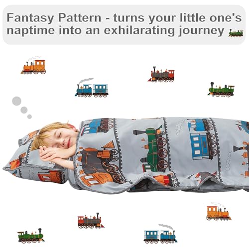 Image of Viviland Toddler Nap Mat with Pillow and Minky Blanket,Rolled Large Sleeping Mat for Boys,Kids Slumber Bag Nap Mat for Preschool, Daycare, Kindergarten, Travel Camping - Train Magic