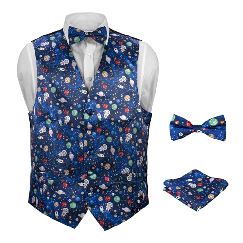 Men's Dress Vest SPACE Planets Pattern Design Navy Blue Solar System Astronaut Stars Mens Bow TIe Hanky Set