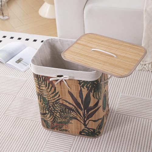 Image of HOKIPO Eco-Friendly Foldable Bamboo Laundry Basket Hamper with Lid, Large - 60 Liter, Ficus Leaves (AR-5749), Multicolor