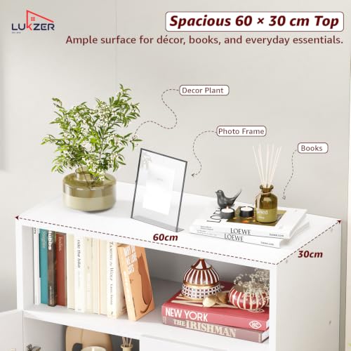 Image of Lukzer Wooden Book Shelf & Storage Cabinet with White Doors (MR-034 /White) Engineered Wood Bookshelf for Home, Bedroom, Office & Kitchen, Multipurpose Books Organizer & Display Rack (90x30x60 cm)
