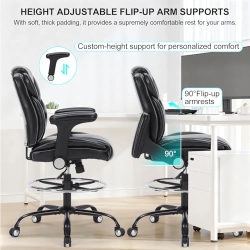 Image of Drafting Chair, Tall Office Chair with Adjustable Armrests Mid-Back Standing Desk Chair with Footrest Ring, PU Leather High Executive Desk Chair Counter Height Office Chair for Home and Office, Black