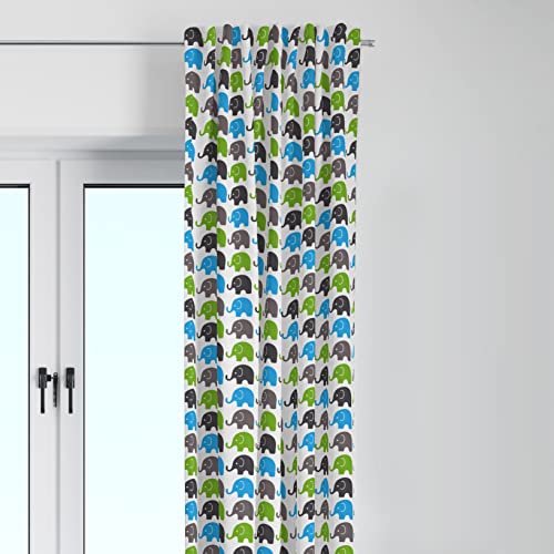 Bacati - Single Light Filtering Curtain Panel Elephants (Aqua Lime Gray)