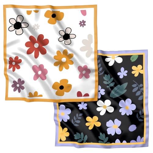 2PCS Scarf Silk Feeling Satin Head Hair Wrap Lightweight Large Square Fashion Cute Aesthetic 27.5 Inches for Women-Flowers