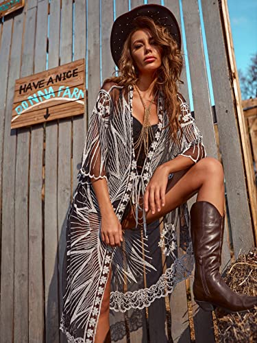 Floerns Women's Embroidery Sheer Mesh 3/4 Sleeve Swimwear Long Kimono Cardigan3