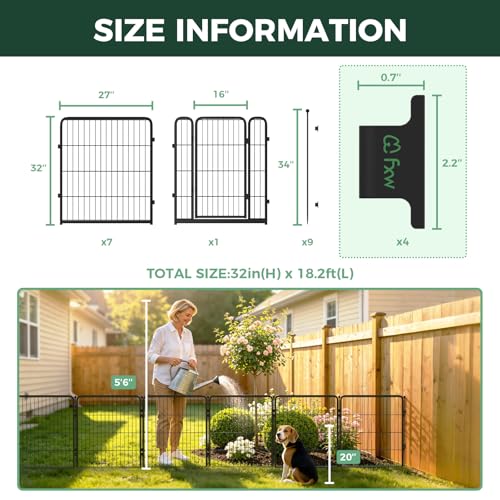 Image of FXW Garden Fence Outdoor for the Yard - 32in(H) x 18.2ft(L) Heavy Duty Metal Animal Barrier for Dog, No Dig Decorative Dog Fence with Fence-to-Wall Anchor (Pack of 4), 8 Panels, Black