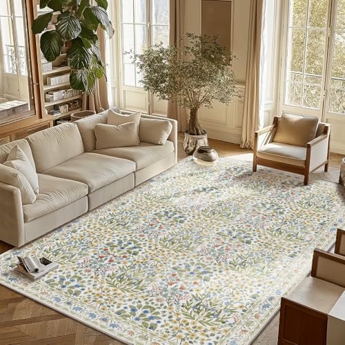 Image of Light Beige Green Area Rug 6x9 - Washable Vintage Living Room Rug for Kids Room, Bedroom, Nursery & Dining Room - Low Pile, Non-Slip & Stain Resistant