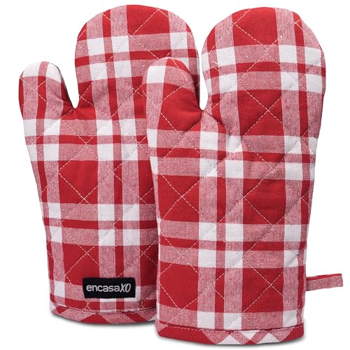 Image of Encasa XO Oven Gloves for Microwave (2 pc Set) - Heat Proof, Thick & Safe | Longer 18x30 cm Mittens for Protection in Kitchen Cooking & Baking - Franca Red Checks