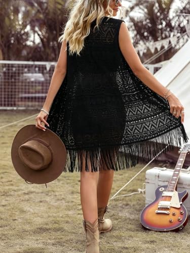 Image of MakeMeChic Women's Fringe Vest Sleeveless Crochet Open Front Vintage Western Sweaters Cowboy Cardigan
