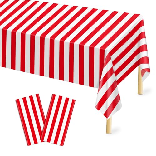 Mulbozy Plastic Table Cloth Disposable 2 Pack, 54 × 108 Inch Red and White Stripe Tablecloths, Red Plastic Table Cover for Carnival, Movie Night, Birthday, Halloween, Christmas Party
