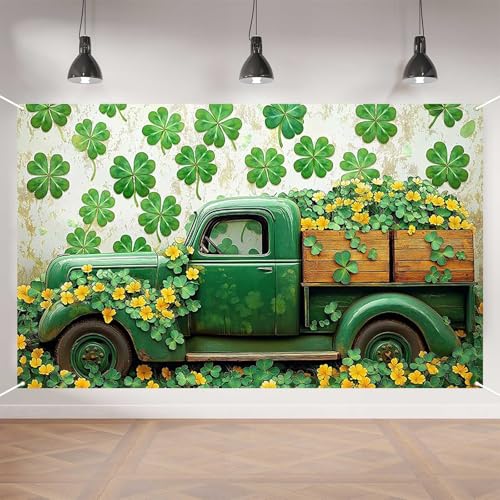 Aperturee St. Patrick’s Day Banner - 70.8x43.3 Inch, Green Vintage Truck and Clover Backdrop, Lucky Shamrock Decoration Photo Booth Props Photography Background