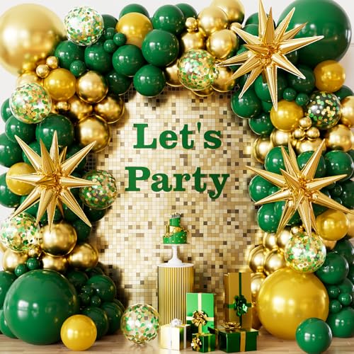 Adeyoo Green and Gold Balloons Garland Arch Kit 117PCS Dark Green & Gold Balloons Garland with Confetti and Star Foil Balloons for Graduation Birthday Emerald Green Jungle Party Decorations