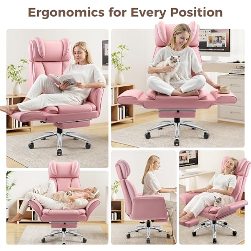 Image of Big and Tall Office Chair, Flip Armrests for Pets & Cross Legged Sitting, Ergonomic Leather Executive Desk Chair with Foot Rest, High-Back Reclining Computer Chairs for Office Home Game - Pink